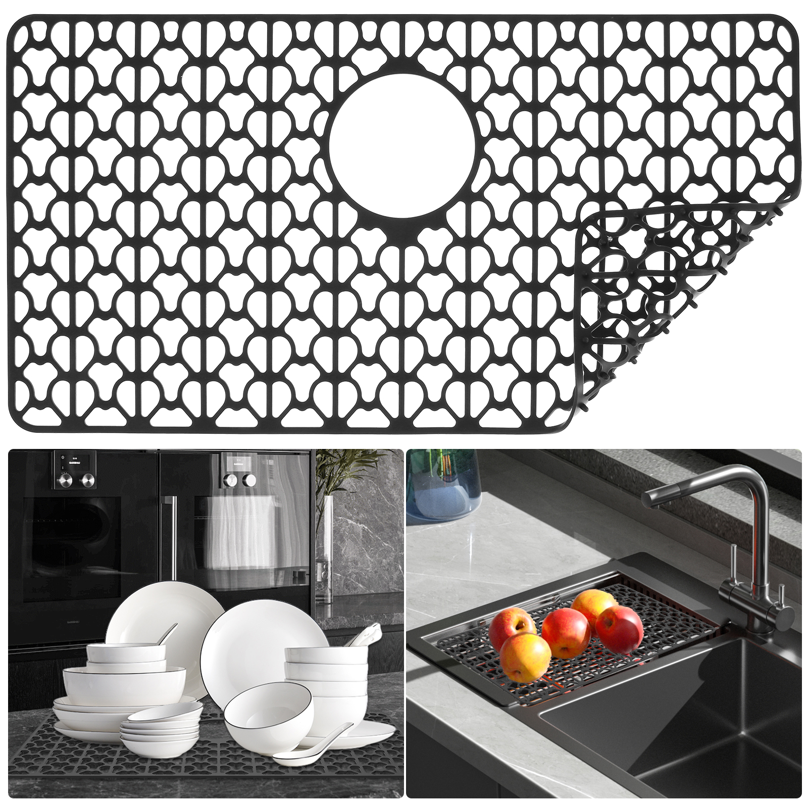 Tzgsonp Silicone Sink Protectors for Kitchen, Anti-Slip Sink Mat Folding Sink Drain Mat Dish Drying Pad, Black, 25.98*13.78inch