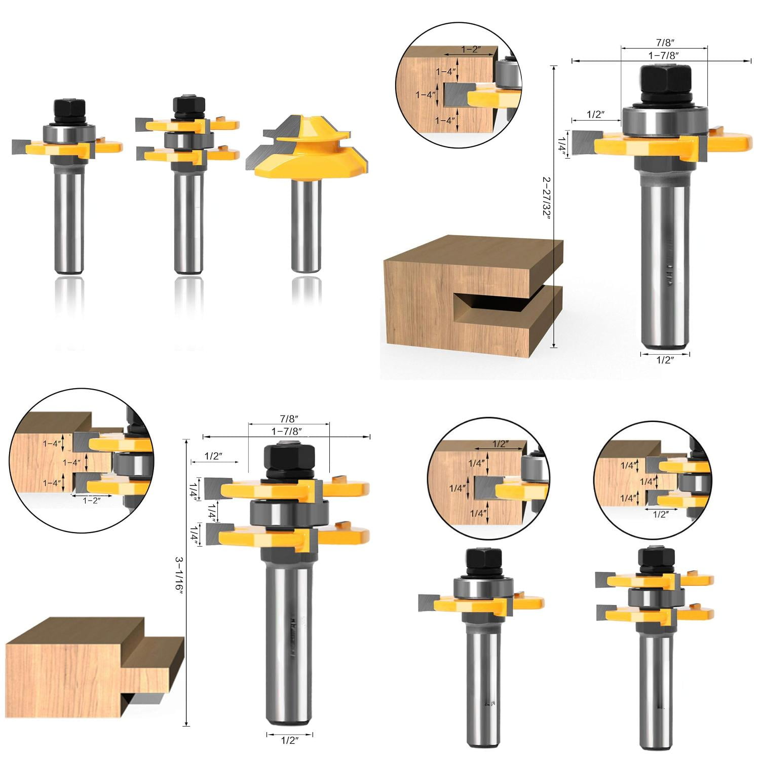Plus 1/2‘‘ Shank Tongue and Groove Router Bits & 45 Degree Lock Miter Joint Router Bit