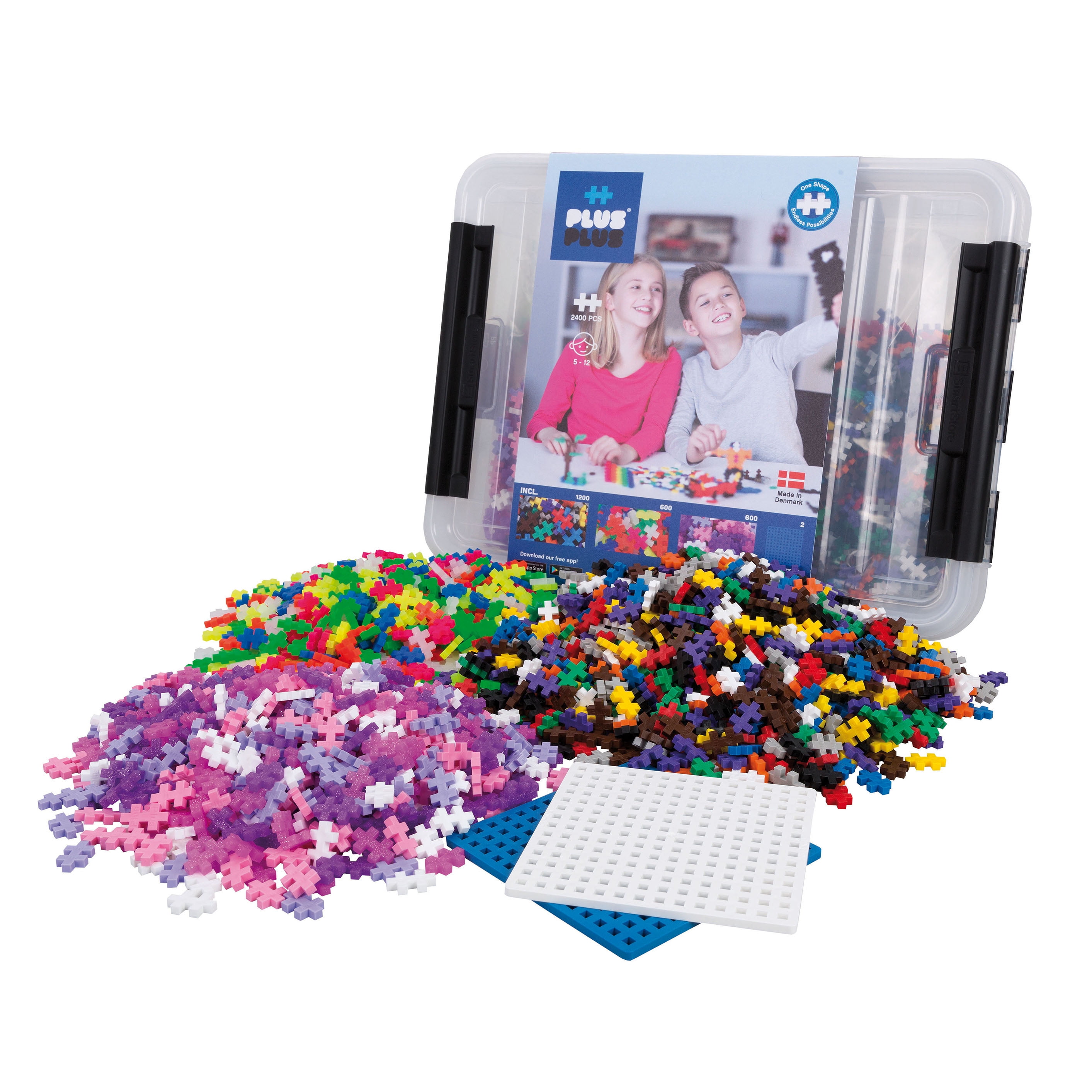 Plus Plus - 2400 Pieces in Storage Tub - Basic, Neon, & Glitter Mix with 2  Baseplates - Construction Building STEM Toy, Interlocking Mini Puzzle Blocks  for Kids 