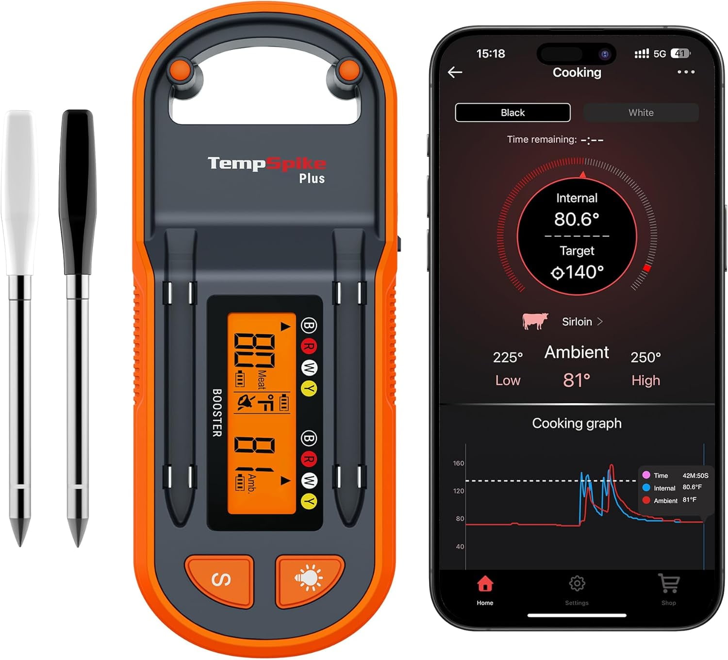 Plus 600ft Wireless Meat Thermometer with 2 Color-Coded Probes, Bluetooth Meat Thermometer Wireless with LCD-Enhanced Booster for Food Cooking Grill Smoker