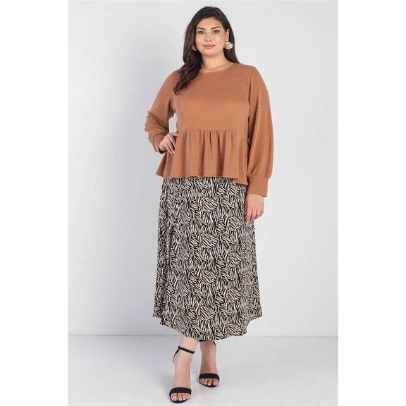 Plus Caramel Waffle Knit Back Button Detail Long Sleeve Top