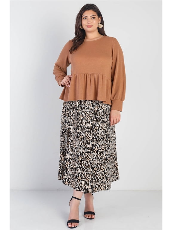 Plus Caramel Waffle Knit Back Button Detail Long Sleeve Top