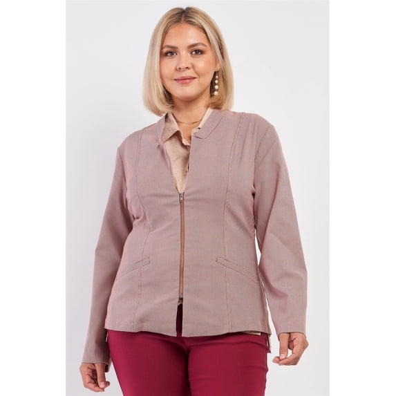 Plus Checkered Houndstooth Pattern Front Zipper Closure Jacket