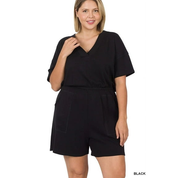 42POPS Plus Drop Shoulder V Neck Romper With Pockets Black, 3X
