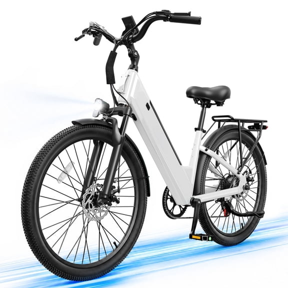 Plus Electric Bike for Adults, 26" Urban EBike with Peak 1200W Motor, Up to 25MPH, 48V 15Ah Battery, Electric Bicycle with 7-Speed, White