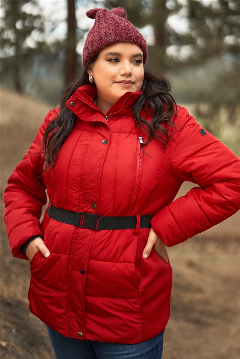 Red coat with best sale fur hood and belt