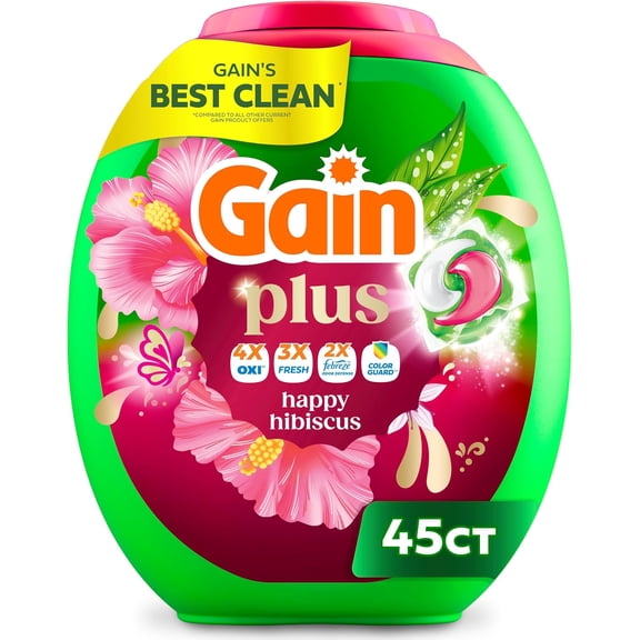 Plus Flings Liquid Washing Detergent Pods, 's Best Clean, -In-One, Happy Hibiscus Scent Laundry Pacs, 45 Count (Packaging May Vary)