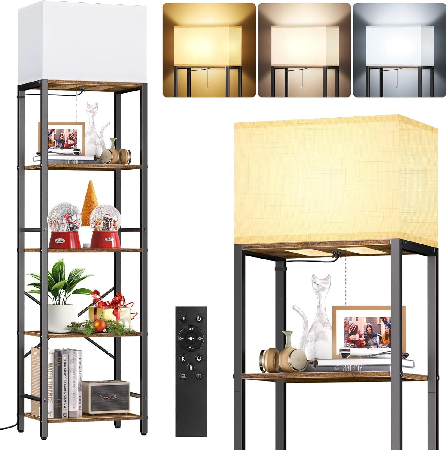 Plus Floor Lamp with Shelves & Remote, 5-Tier Dimmable Tall Floor Lamp with 1-Hour Timer, Memory Function, Wide Bookshelf for Display Storage, Standing Lamp for Living Room, Bedroom, Office