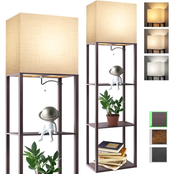 Plus - Floor Lamp with Shelves, Wide Shelf Lamp, Shelf Floor Lamp with 15W LED Bulb, 3 Colors Temperature, Memory Function, Large Display Storage, Standing Lamps for Living Room, Bedroom, Wood