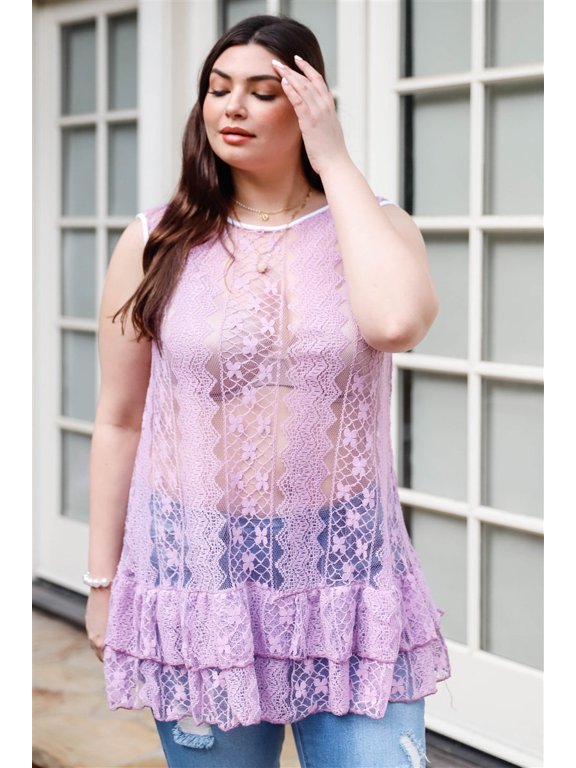 Plus Lace Sheer Ruffle Hem Sleeveless Maxi Top