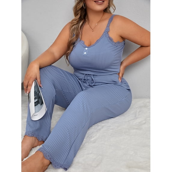 Plus Lace Trim Fake Button Tie Front PJ Set