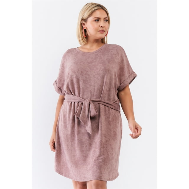 Plus Light Brown Acid Wash Print Self-tie Waist Detail Mini Dress 1XL