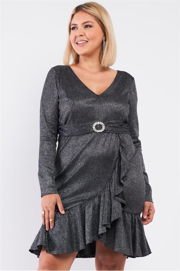 Plus Long Sleeve V-neck Asymmetrical Wrap Flare Hem Belt Detail Oval Rhinestone Buckle Mini Dress 3XL