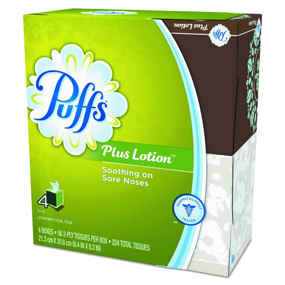 Plus Lotion Facial Tissues 6 Packs 4 Tissues Each, Ultra-Soft with Air-Fluffed Pillows, Soothes Dry or Sensitive Skin, White