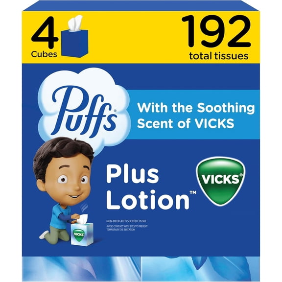 Plus Lotion with Vicks Facial Tissues, 4 Cubes, 48 Tissues per Box (192 Tissues)