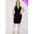 thumbnail image 1 of Plus Plunging Neck Crisscross Back Ruched Bodycon Mini Dress Black, 1 of 1