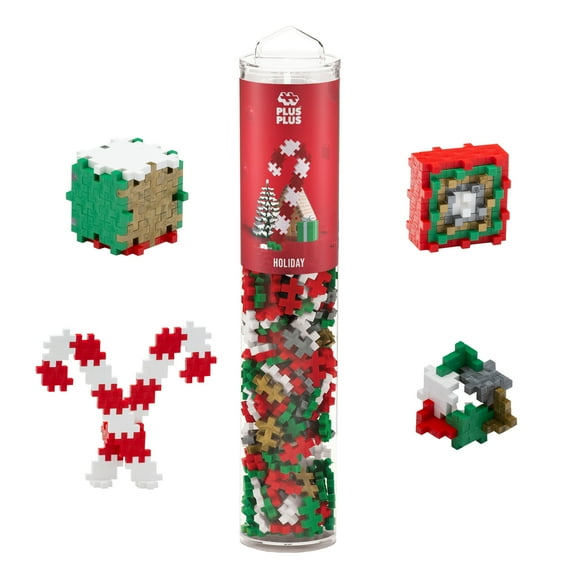 Plus-Plus: Open Play Tube - Holiday Mix - 240 Pieces - Festive Colors, Construction Building STEM Toy, Interlocking Mini Puzzle Blocks, Kids Age 5+
