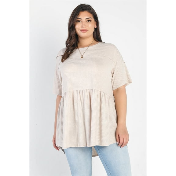 Plus Ribbed Trim Detail Short Sleeve Flare Hem Top Tan 2XL