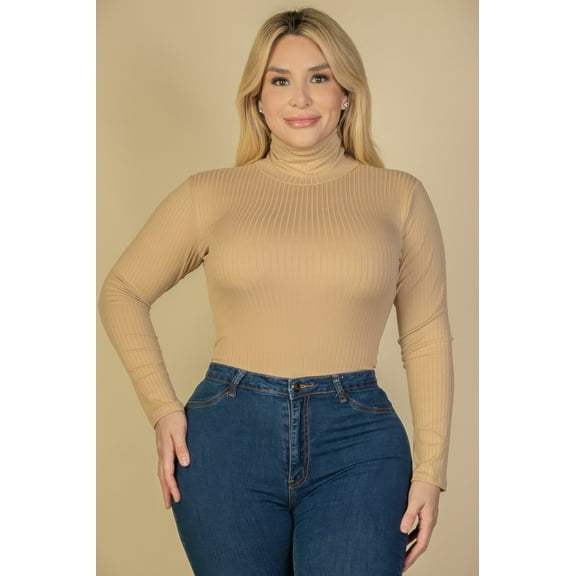 Plus Ribbed Turtle Neck Long Sleeve Bodysuit