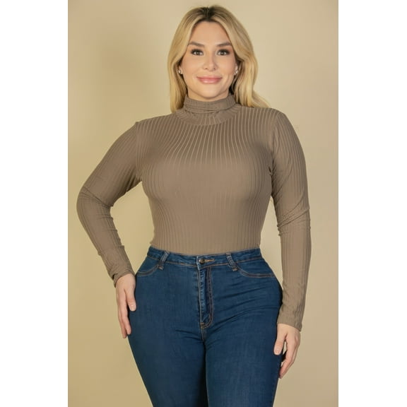 Plus Ribbed Turtle Neck Long Sleeve Bodysuit