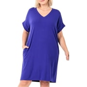 Plus Rolled Short Sleeve V-Neck Bright Blue Dress