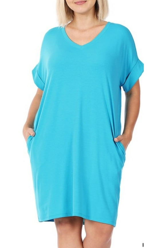 Plus Rolled Short Sleeve V-Neck Ice Blue Dress