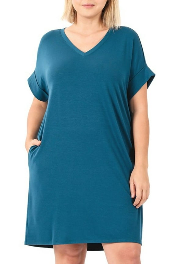 Plus Rolled Short Sleeve V-Neck Teal Dress