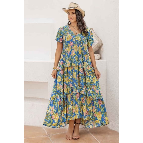 Plus Ruffled Hem Floral Print Dress (3XL, MultiBlue)