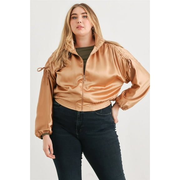 Plus Satin Zip-up Ruched Long Sleeve Cropped Bomber Jacket