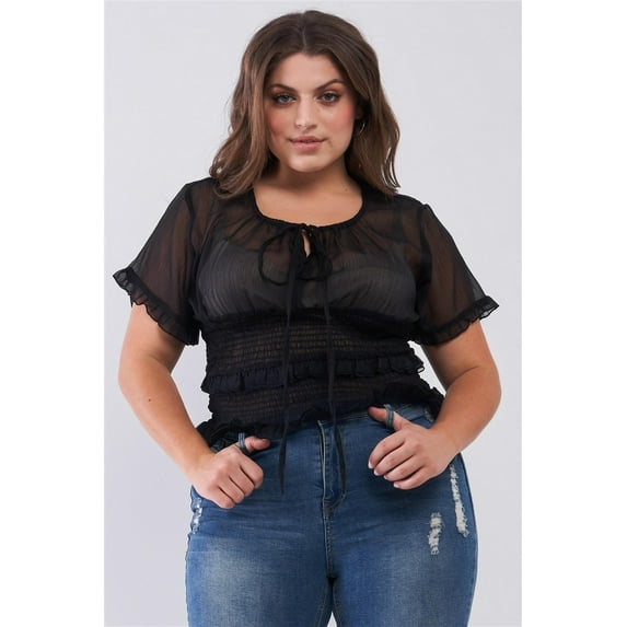 Plus Short Sleeve U-neck With Self-tie Detail Frill Smocked Sheer Top 1XL
