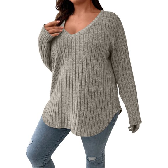 Plus Size 1XL-5XL Women's Casual Fashion V Neck Long Sleeve T-Shirt LadiesWomen's Plus Size Solid Ribbed T-Shirt Clothing Blusas De Mujer Ofertas
