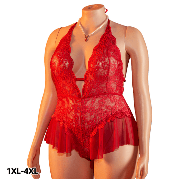 Plus Size Women's Halter Neck Lace Babydoll Nightgown Sexy Deep V-Neck Chemise Bodysuit Night Dress