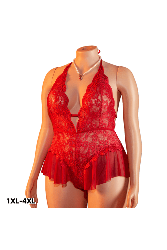 Plus Size Women's Halter Neck Lace Babydoll Nightgown Sexy Deep V-Neck Chemise Bodysuit Night Dress