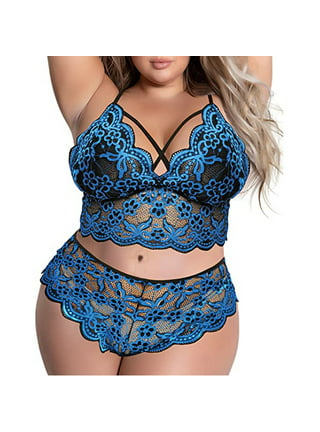Plus Size Lingerie Set for Women， Sexy Cross Strappy Lace Up Bra Lace+High  Waisted Underwear Panty