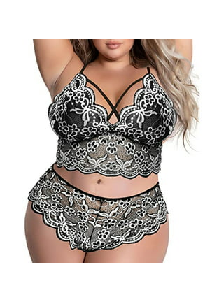 Plus Size Lingerie Set for Women， Sexy Cross Strappy Lace Up Bra Lace+High  Waisted Underwear Panty