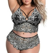 Plus Size 2 Piece Lingerie for Women Strappy Bra and Panty Underwear Sets Lace up Top Set