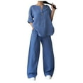 thumbnail image 1 of Plus Size 2 Piece Outfit for Women Solid Cotton Linen Shirts Casual Single Button Pocket Wide Leg Pantsuit 4XL, 1 of 6