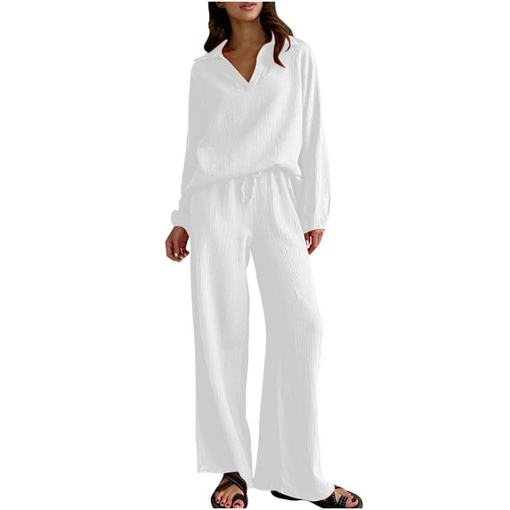 Plus Size 2 Piece Outfits for Women Fall Casual Wide Leg Drawstring Pant Sets Lapel V Neck Long Sleeve Top Loungewear (5XL, White)