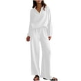 thumbnail image 1 of Plus Size 2 Piece Outfits for Women Fall Casual Wide Leg Drawstring Pant Sets Lapel V Neck Long Sleeve Top Loungewear (XL, White), 1 of 6