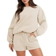thumbnail image 1 of Plus Size 2 Piece Outfits for Women,Women Two Piece Set Round-Neck Long Sleeve Sweatshirt Shorts Casual Suit Sets, 1 of 6