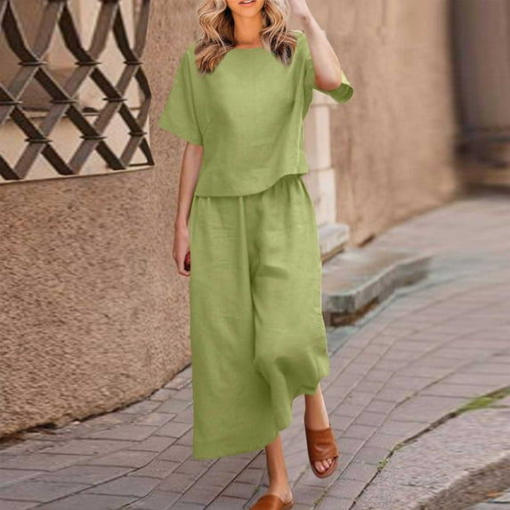 Plus Size 2 Piece Outfits for Women Round Neck Short Sleeve Tops Long Pants Casual Suit Sets Green XL
