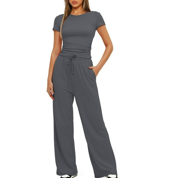Plus Size 2 Piece Outfits for Women,Women Two Piece Set Round Neck Solid Short Sleeve Blouse+Long Pants Elastic Waist Sets