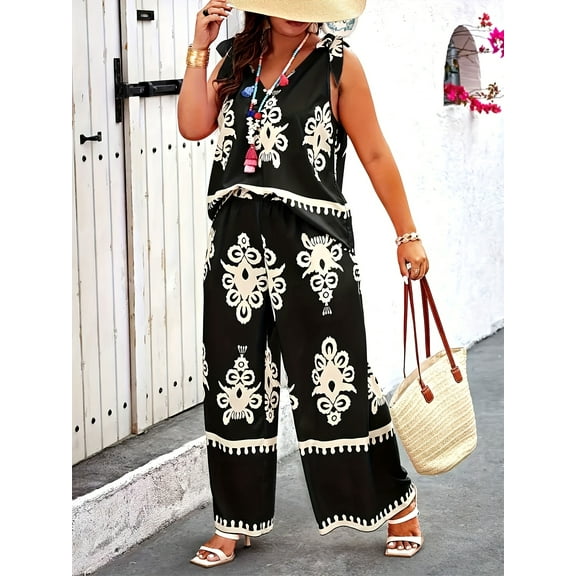 Plus Size 2 Piece Outfits for Women – Sleeveless Boho Print Top and Wide Leg Pants Set, Casual Summer Beachwear