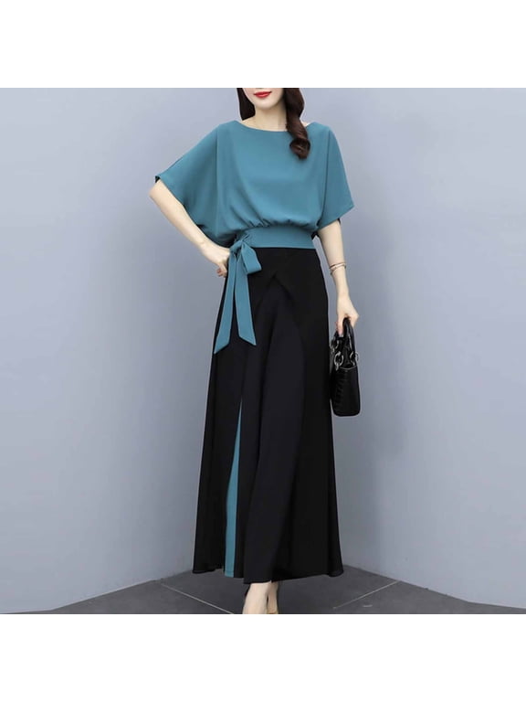 Plus Size 2 Piece Sets 2 Piece Elegant Office Outfit for Women Batwing Sleeve Blouse Wide Leg Culottes Pants Set Blue L
