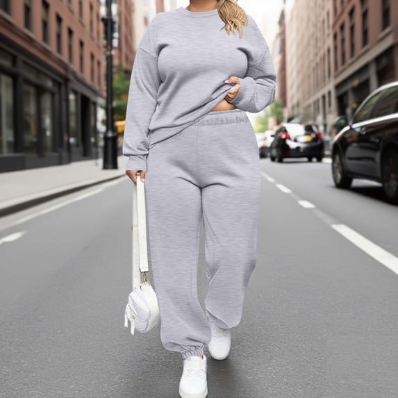 Plus Size 2 Piece Sets for Curvy Women Fall Long Sleeve Sweatshirt Casual Wide Leg Pants Sets Sweatsuits New Two Piece Outfits for Women Sweatsuits Gray XXL