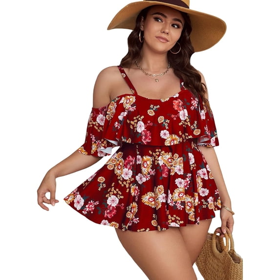 Plus Size 2 Piece Tankini Floral Print Swimsuit Ruffle Trim Bikini Set Tummy Control Bottom Bathing Suit