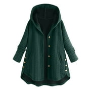 Plus Size 2023 Clothes Solid Color Outerwears Fall Fashion Winter Warm Coat Button Down Cardigan Long Sleeve Jacket Hooded Sweatshirt With Pocket for Women Green XL