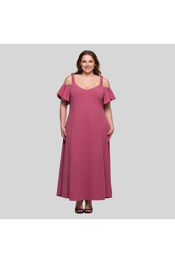 Plus Size 24Seven Comfort Apparel Cold Shoulder Ruffle Sleeve A-Line Maxi Dress Color: Rose Size: 2X