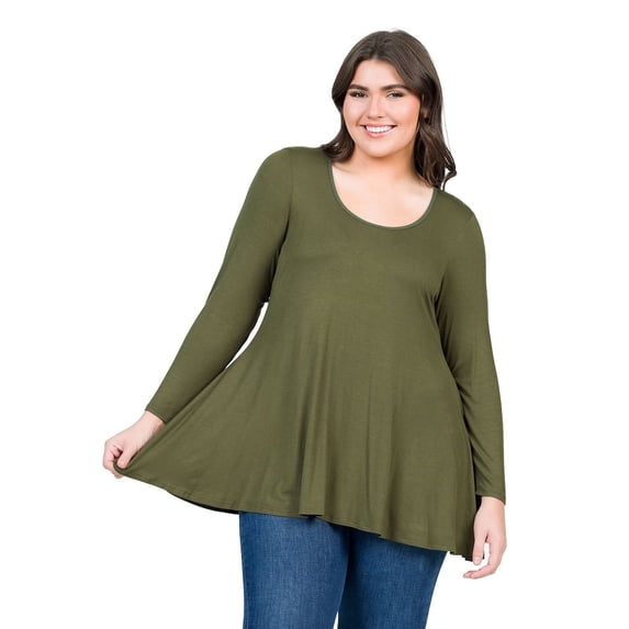 Plus Size 24Seven Comfort Apparel Poised Long Sleeve Swing Tunic Top Color: Army Size: 2X