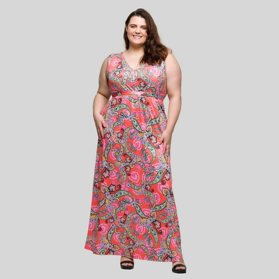 Plus Size 24Seven Comfort Apparel V-Neck Empire Waist Sleeveless Maxi Dress Color: Coral Multi Size: 1X